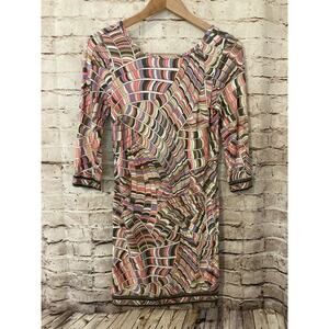 Trina Turk Dress Womens Small Pink Mosaic Geometric Bodycon Stretch Long Sleeve